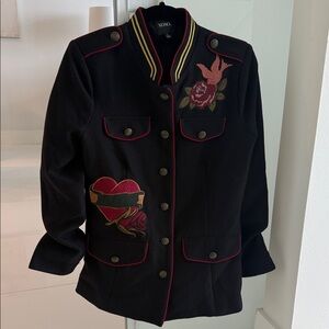 XOXO Black Blazer Jacket with Red Trim and Embroidered Rose & Hearts